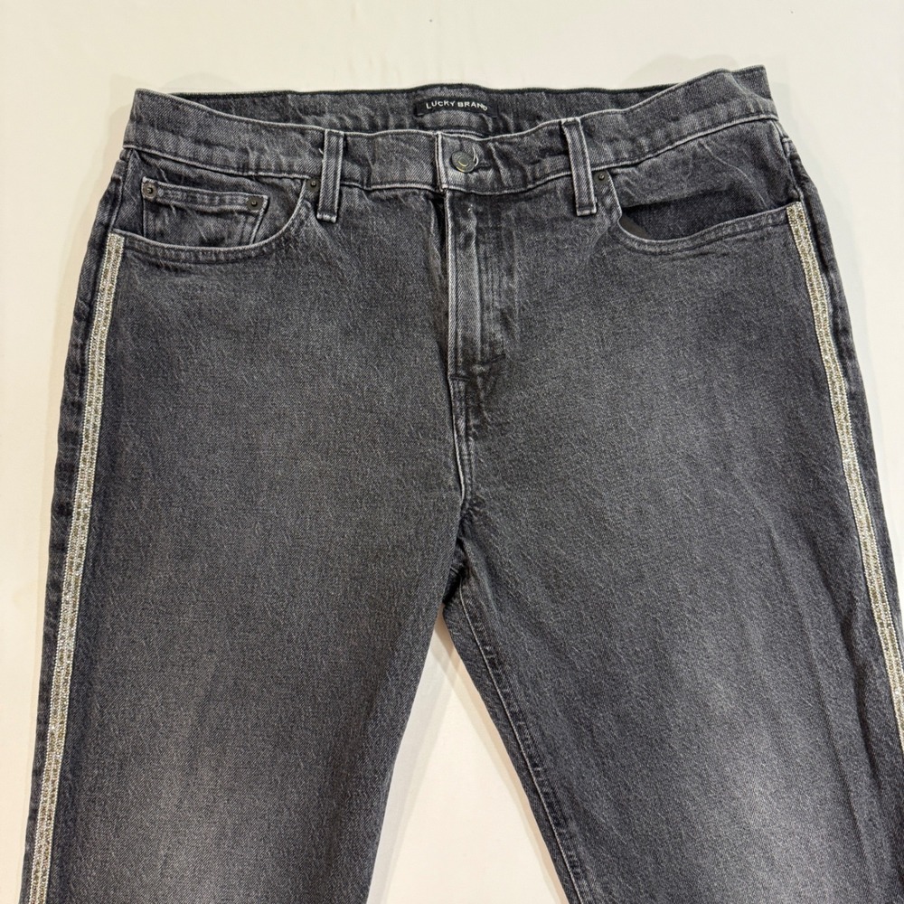 Lucky Brand Jeans Womens 12/31 Black Cotton Rhinestone Side Stripe Raw‎ Hem Crop